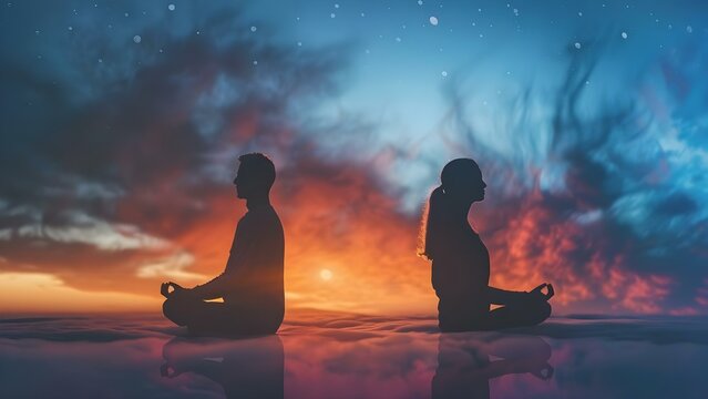 Naklejki Deep meditation can create a spiritual bond between two people through telepathy. Concept Telepathic Connection, Deep Meditation, Spiritual Bond