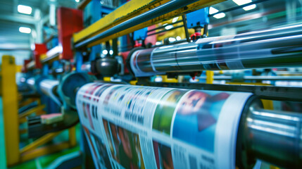 Close-up view of a printing press in operation, showing vivid print materials being produced.
