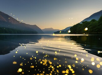  A serene lakeside scene where fireflies hover above the water surface, their soft glow reflection.