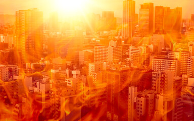 extreme high temperature hot city environment urban cityscape fire burn from monster heat wave climate global warming. © Quality Stock Arts
