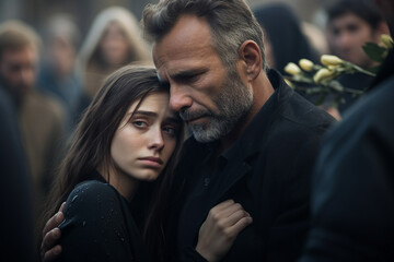 Fototapeta premium Sad bury ceremony at old cemetery church funeral farewell rest in peace Generative AI picture