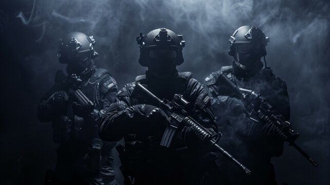 Three soldiers stand in front of a dark background with smoke in the air