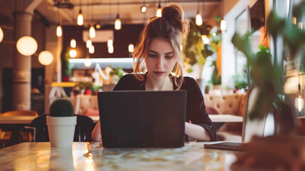 Fototapeta premium A woman sitting at a table, focused on her laptop screen