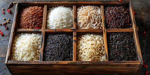 There are many healthy varieties of rice on display, including black, basmati and jasmine.