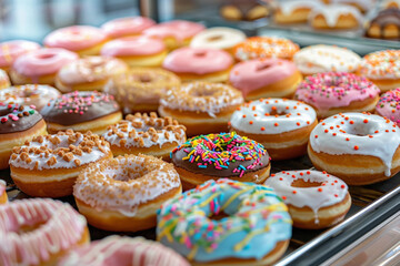 Assorted Flavored Donuts Displayed in a Case. National Donut (Doughnut) day. Generative AI