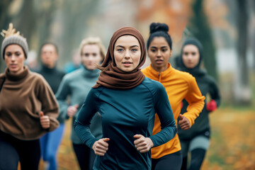 Group of People Running in a Park. Generative AI