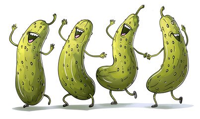 A group of dancing pickles, part of the Banana family, are showcased on a white background. Their bright green color stands out against the white canvas, creating a playful and artistic display