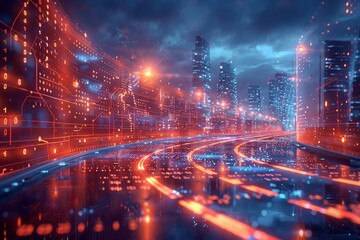 Fototapeta premium A holographic projection of real-time data analytics streams across a futuristic information superhighway, visualized in shades of red and blue.