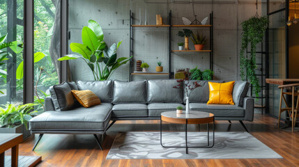 A gray leather sofa is in the corner of the house