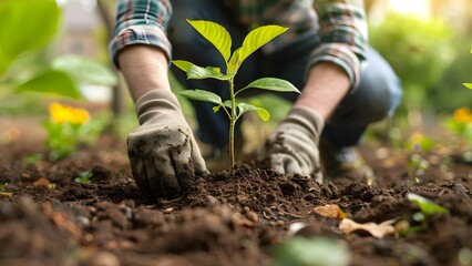 Person planting trees in community garden to promote local food production. Concept Community Garden, Tree Planting, Local Food Production, Sustainable Practices