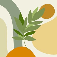 Foliage green-orange shapes abstract boho twig illustration 