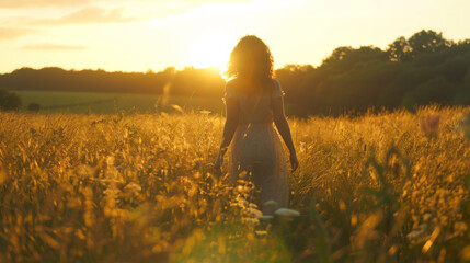 A woman is walking through a field of tall grass. The sun is setting, casting a warm glow over the scene. The woman is alone, and the field is empty, giving the impression of solitude and peacefulness