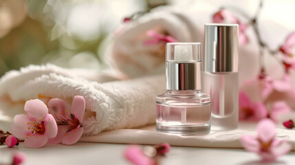 Elegant setup of skincare bottles with blooming cherry blossoms and a fluffy towel, conveying a serene spa atmosphere. - Powered by Adobe