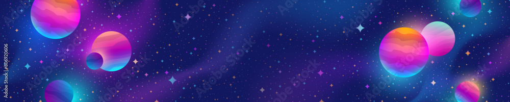 Wall mural space banner with colorful stars and planets. vector horizontal background with copy space.