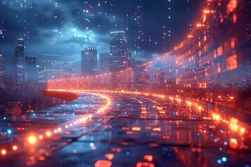 Fototapeta premium A holographic projection of real-time data analytics streams across a futuristic information superhighway, visualized in shades of red and blue.