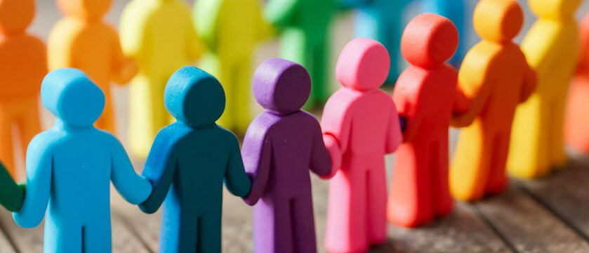 Colorful figures holding hands, showing a mix of different people. Each color is a different person, showing peace in difference. everyone being included, being equal, and respecting