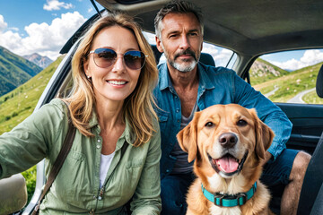 Middle-aged pair with pet dog relishing serene outdoor setting, surrounded by nature beauty. Exploring, having picnic or journeying together, showcasing bond and shared adventures