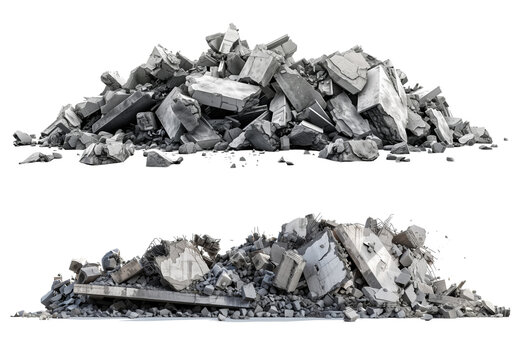 Panorama. A pile of concrete gray fragments of a destroyed building illuminated by the sun with a huge support beam in the foreground, isolated on a white background.