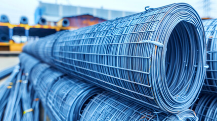 Close-up of steel rebar for construction, stacked neatly at an industrial site.