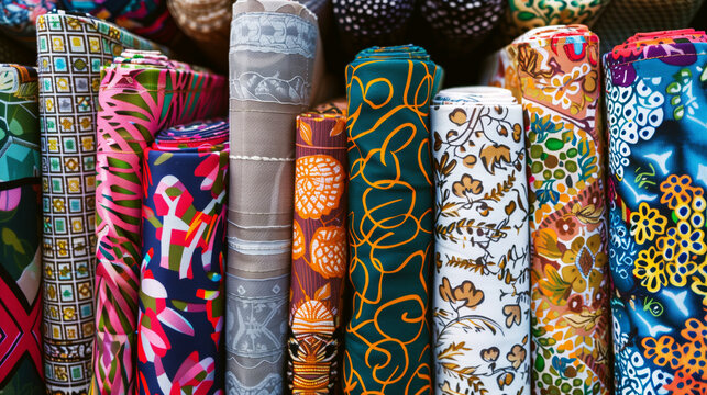 A vibrant display of assorted fabric rolls featuring diverse patterns and colors.