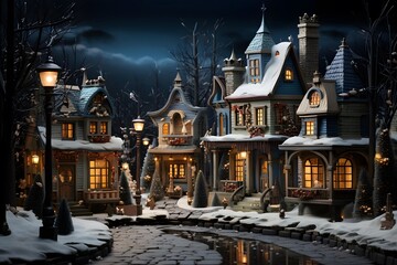 Winter wonderland scene. Winter wonderland scene. Fairytale village at night.