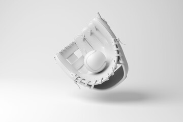 White leather sports glove holding a baseball floating in mid air in monochrome and minimalism. Illustration of the concept of ball games, sport, leisure, hobbies and competition and matches