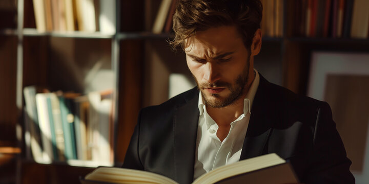Akademiker sitzt in der Bibliothek und liest konzentriert ein Buch