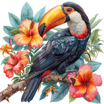 recommend clip art: A beautiful toucan sits on a branch with red and orange hibiscus flowers., clip art , water color