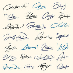 Signatures set. Fictitious handwritten signatures for signing documents on white background. 