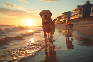 A Labrador Retriever and Brittany Spaniel walking on the beach and wearing sunglasses.