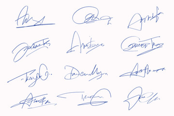 Signatures set. Fictitious handwritten signatures for signing documents on white background. 