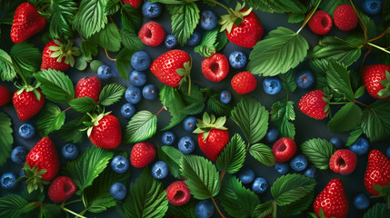 Detailed close-up of assorted berries including strawberries, blueberries, and raspberries among...