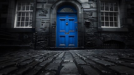 A timeless black and white cityscape with a single vibrant blue door as the solitary pop of color, leading the eye through the winding cobblestone alleys