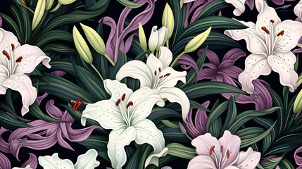 Digital lily flowers and leaves patterns abstract graphic poster background