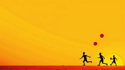 Three African children are playing soccer at sunset.