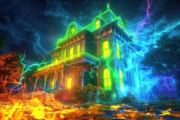 Eerie mansion at the twilight zone, where charcoal grays meet quantum flickers. Holographic chiaroscuro technique creates a haunting scene with glowing phosphorescent highlights.