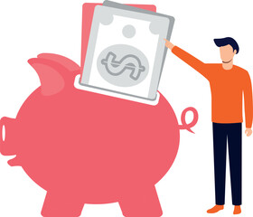 Boy putting cash in piggy bank.