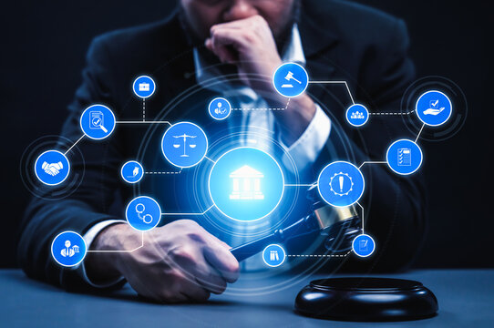 Smart law, legal advice icons and lawyer working tools in the lawyers office showing concept of digital law and online technology of savvy law and regulations .