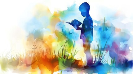 A child reads a book in a field of flowers