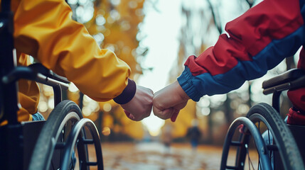 Two individuals in wheelchairs bonding outdoors with a fist bump, showcasing friendship and inclusivity.