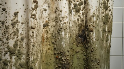 Obraz premium A detailed view of a moldy shower curtain, focusing on the health risks and unsightliness of neglected bathroom maintenance