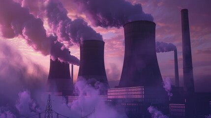 nuclear power plant made of huge smokestacks polluting the environment. Ai generative