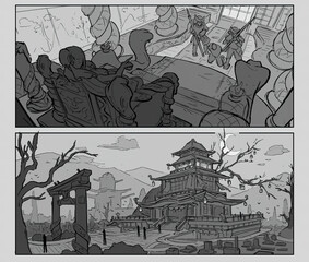 The sketches of the fantasy snake empress in the ancient Japanese temple scenery set.