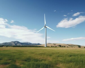 Fototapeta premium A lush green field with a single, modern wind turbine in the foreground, illustrating the minimal environmental impact of wind energy