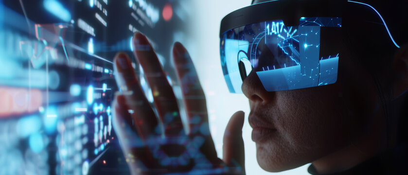 A person in awe explores a holographic interface, stepping into a futuristic digital world. - Powered by Adobe