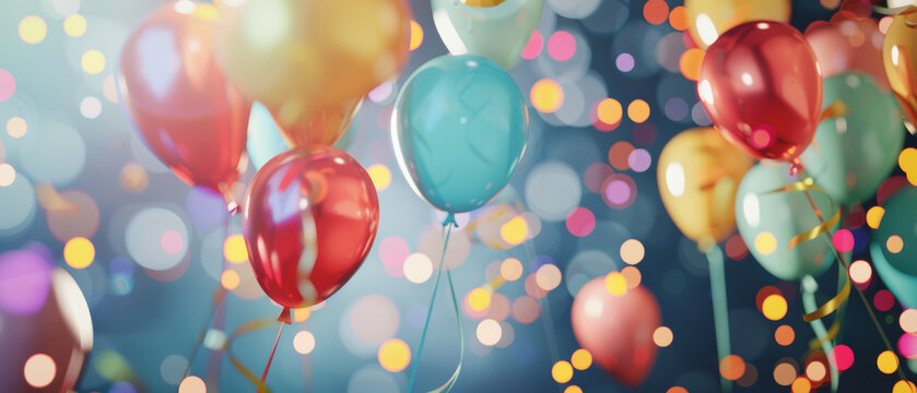 Colorful balloons soaring against a bokeh light backdrop, inducing joy.