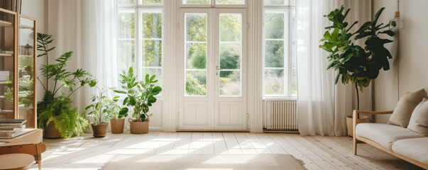 Sunny white living room decorating in Scandinavian style. Simply decoration.