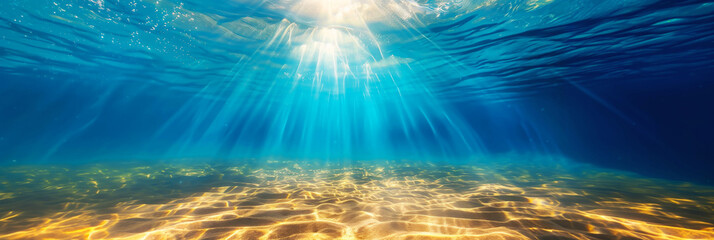 Underwater view of a clear blue ocean with sunlight penetrating through creating a mesmerizing pattern on the sandy bottom.