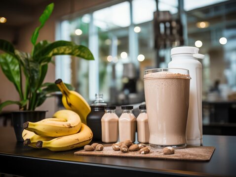 A fitnessoriented setup with Brewers yeast alongside gym equipment and smoothies, highlighting its popularity among health enthusiasts for its protein content
