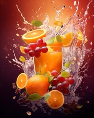 A dynamic background with splashes of fruit juice and whole fruits like oranges and grapes, emphasizing vitality and natural energy for health drink ads